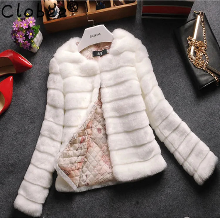 Women's white faux fur short sleeve street fashion top showing rabbit-style texture