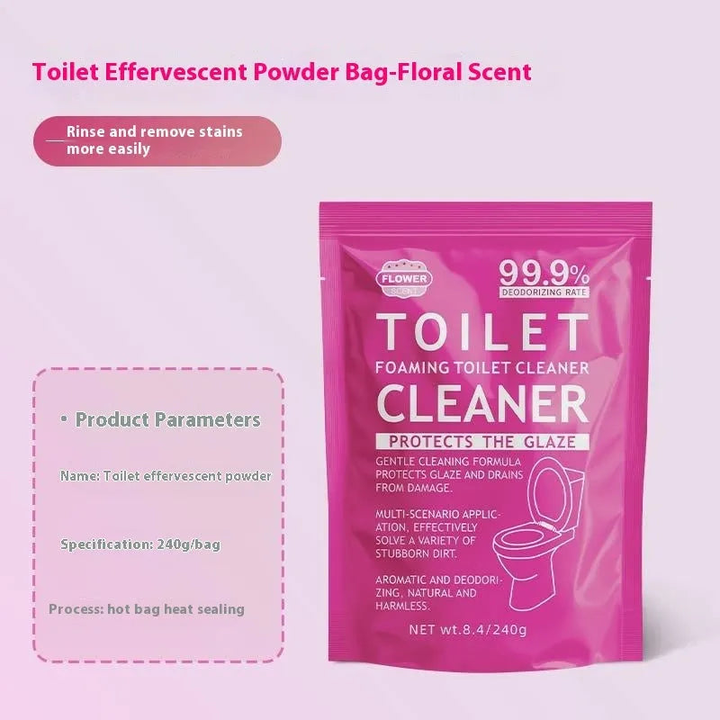 Toilet bubble powder descaler in blue ocean or pink floral fragrance, boxed 5x40g bags or 240g large bag.