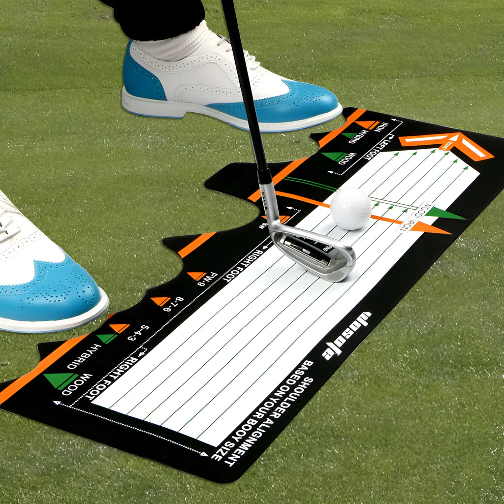 Black neoprene golf swing posture correction pad for stance alignment practice.