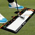 Black neoprene golf swing posture correction pad for stance alignment practice.