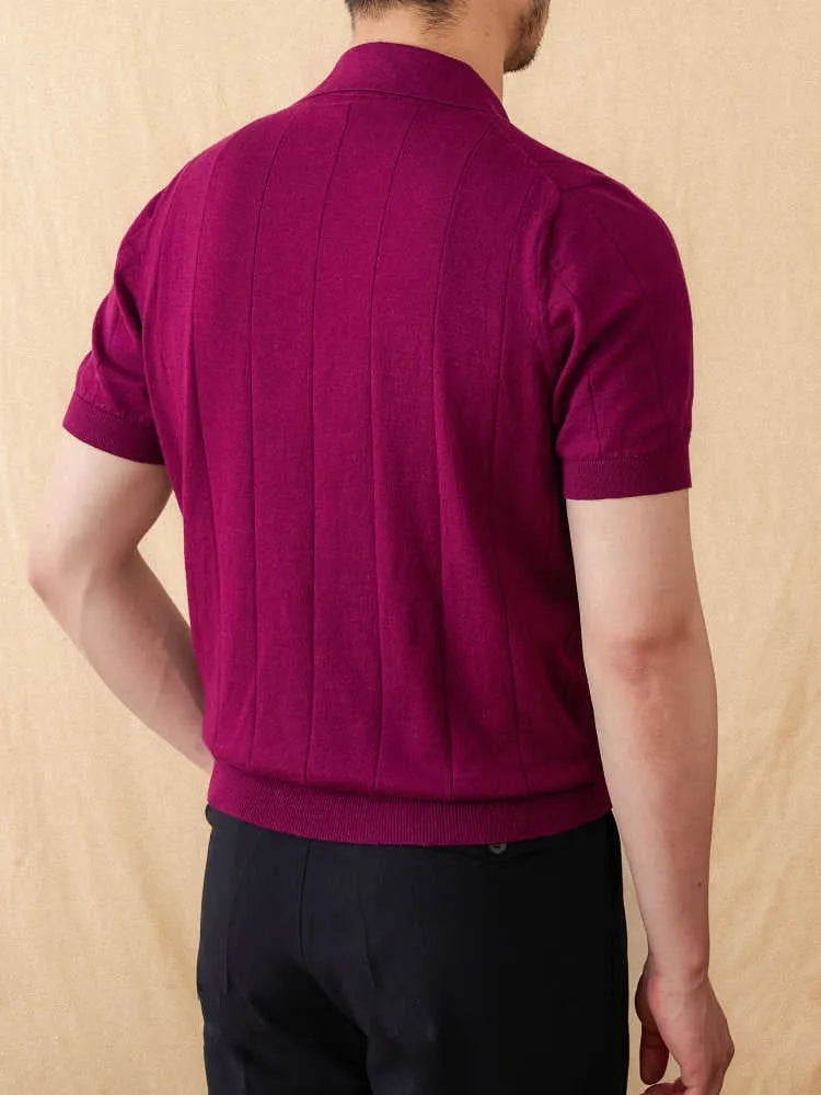 Men's cotton linen blend short sleeve polo shirt with sunken stripe knitted texture and seagull collar