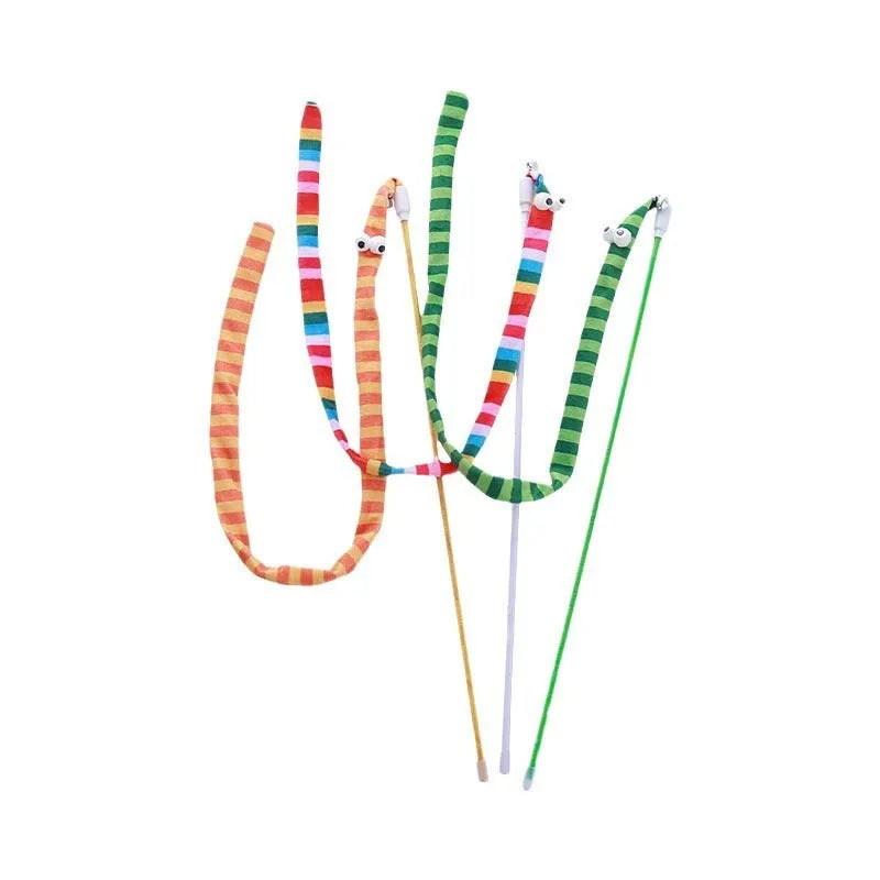 Cat wand toy with polycarbonate handle and long plush strip in vivid colours