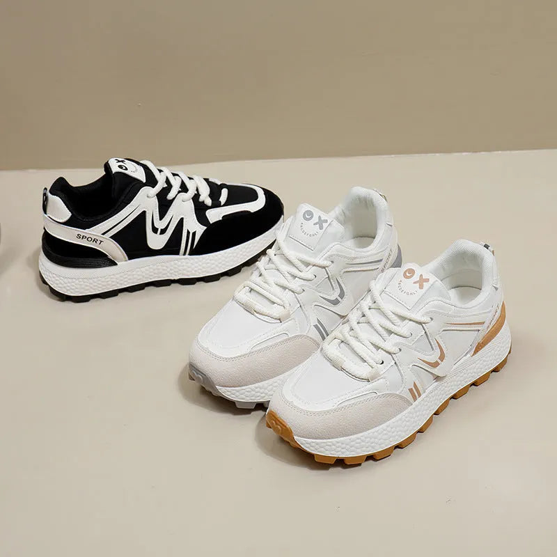 Women's black platform sports casual shoes with lace-up front and round toe.