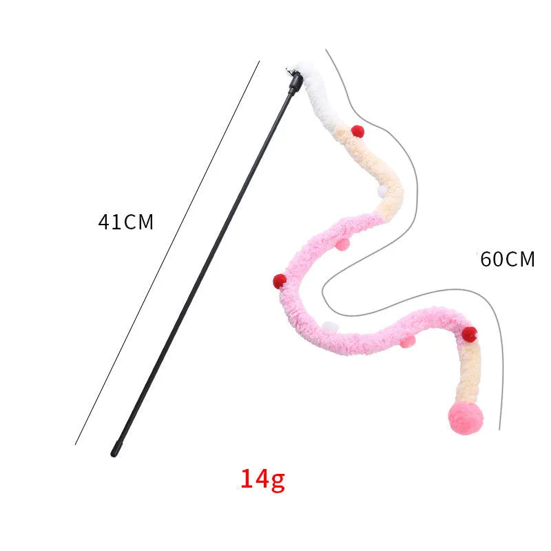 Cat wand toy with plush strip and colourful balls with bells for interactive feline play