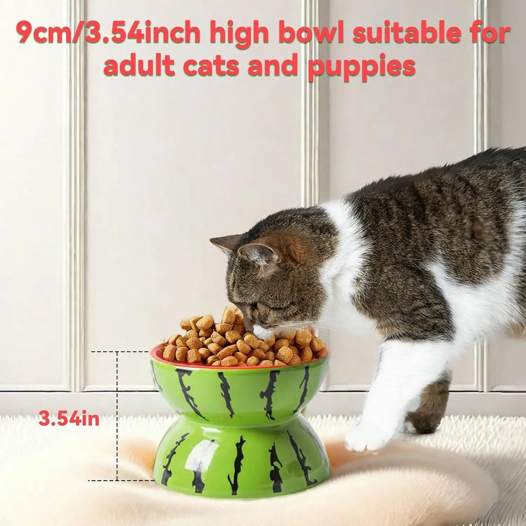 Ceramic raised cat bowl with tilted design in orange, pitaya, or watermelon patterns
