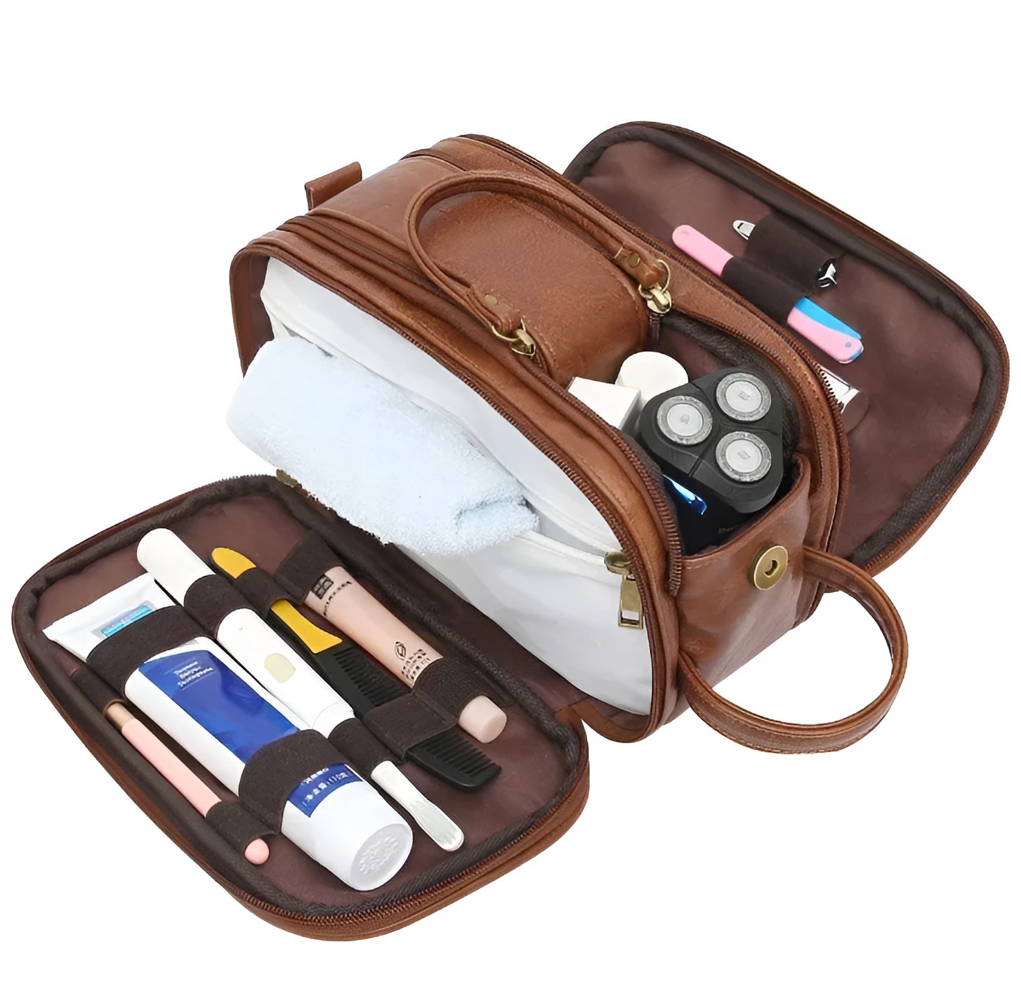 Men's black PU leather toiletries bag for travel storage of grooming essentials