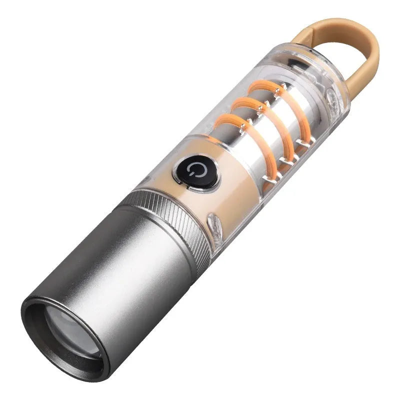 Orange rechargeable LED flashlight with hook attachment showing dual light sources