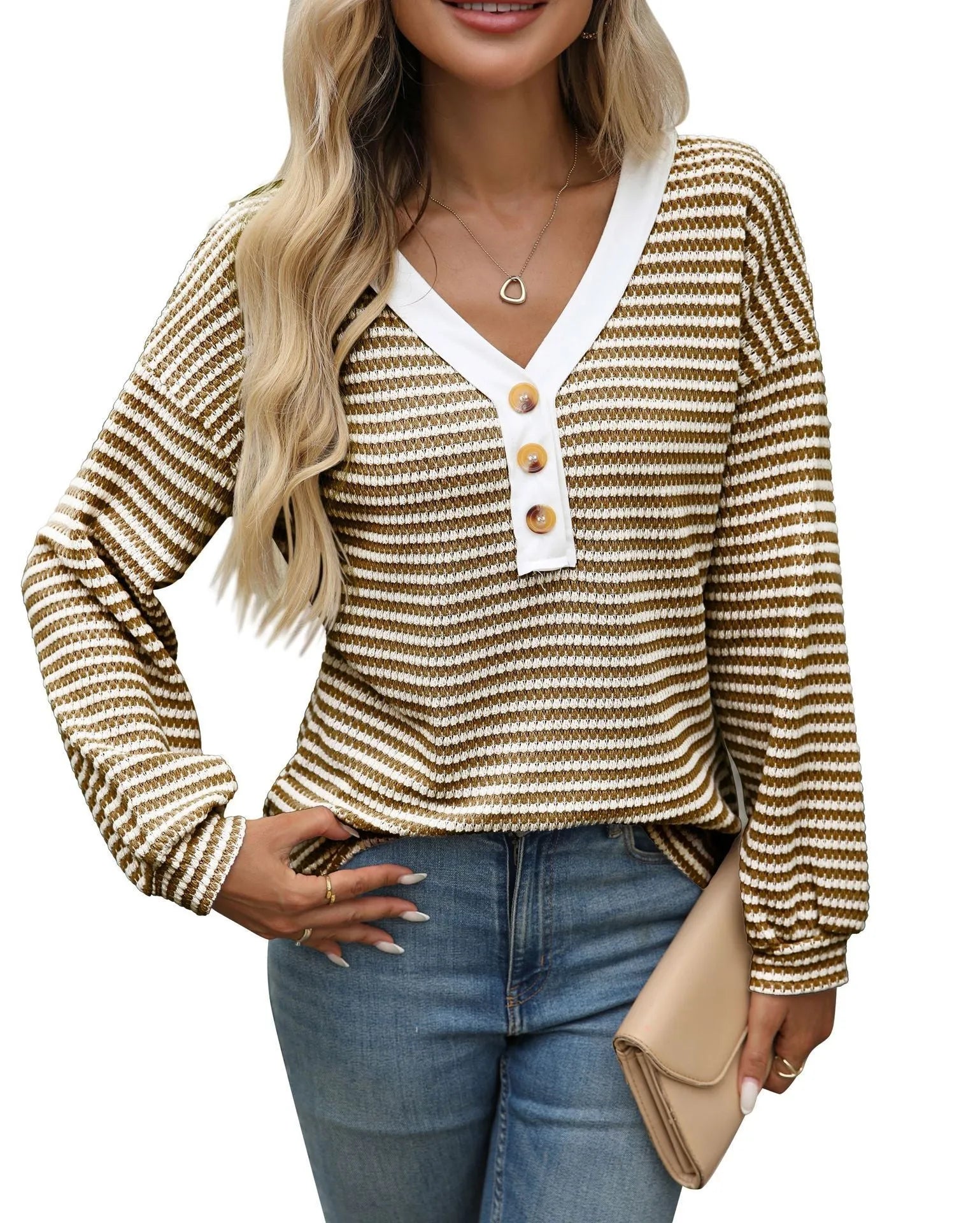Women's V-neck patchwork pullover top in polyester fabric with loose fit