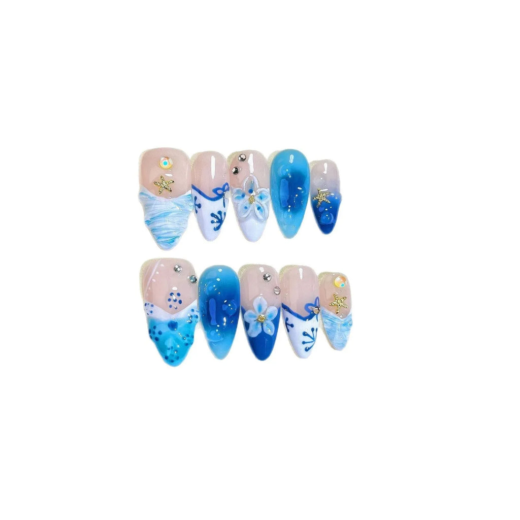 Blue hand-painted carved summer ice transparent fake nails set in plastic