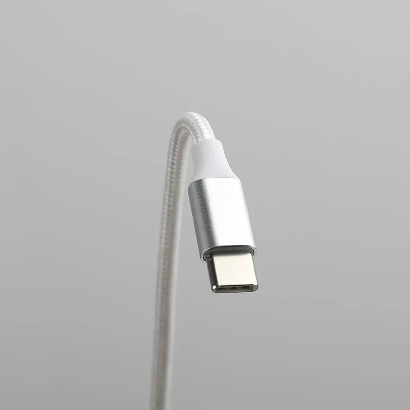 White Type-C three-in-one data cable 2 metres long with three charging heads and nylon braided outer layer