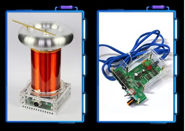 Tesla coil SSTC driver board with controller and cables, showing dimensions 100x115x205mm
