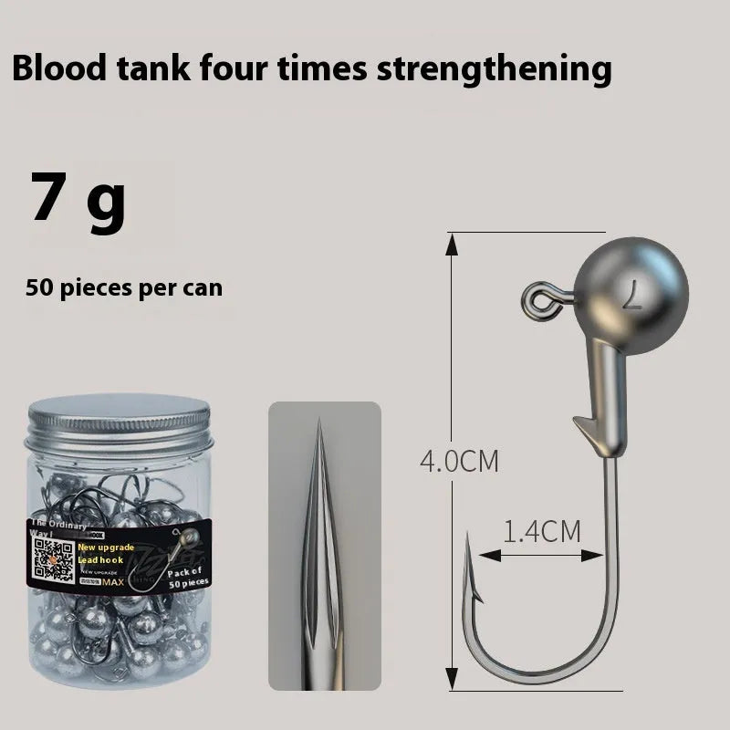 Pack of 50 steel jig fishing hooks in 7G size with primary colour finish.