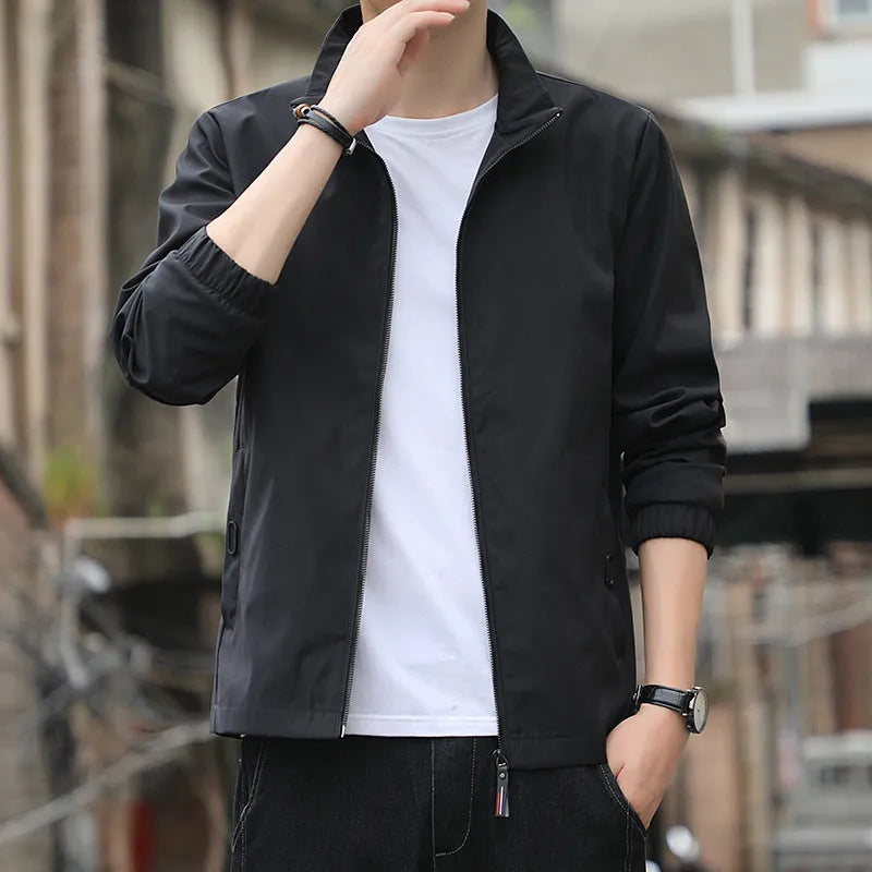Korean style loose lapel autumn jacket for men in black with zipper pockets