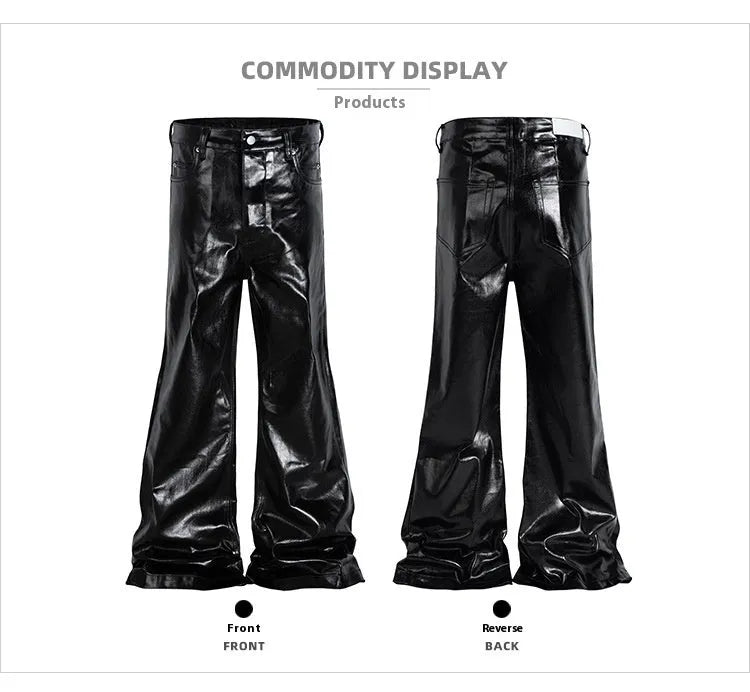 Black coated patent leather skinny jeans with a shiny straight-leg fit on a mid waist.