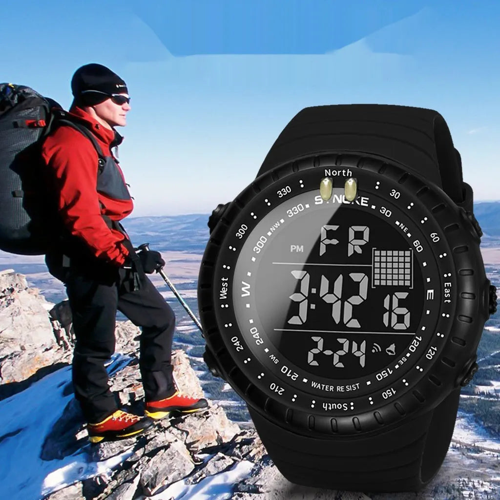 Black waterproof electronic sports watch for men with large plastic case and PU strap.