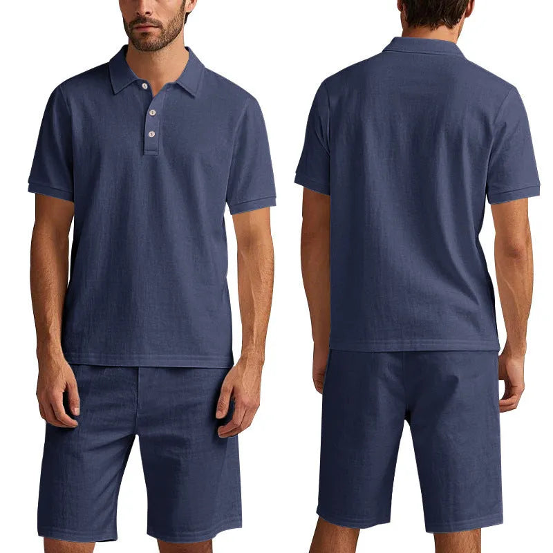 Men's light-coloured linen summer suit with short-sleeved shirt and matching shorts on hanger