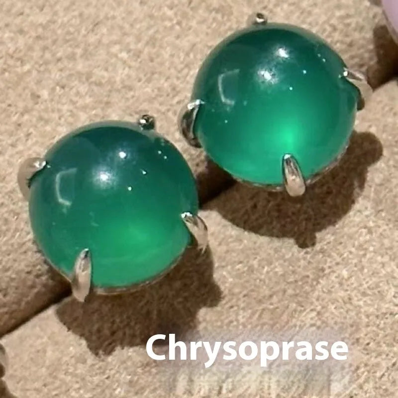 Chinese style retro chalcedony stud earrings with four-claw settings in three colour options