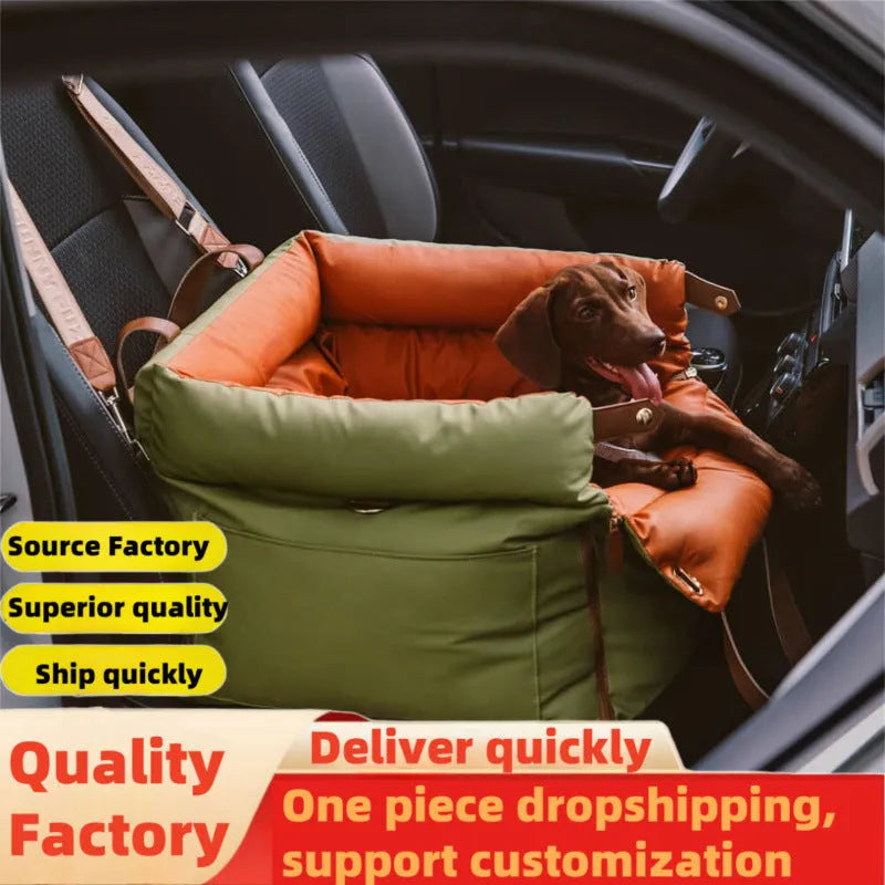 Green waterproof PU leather pet car nest bed for dogs, removable and washable.