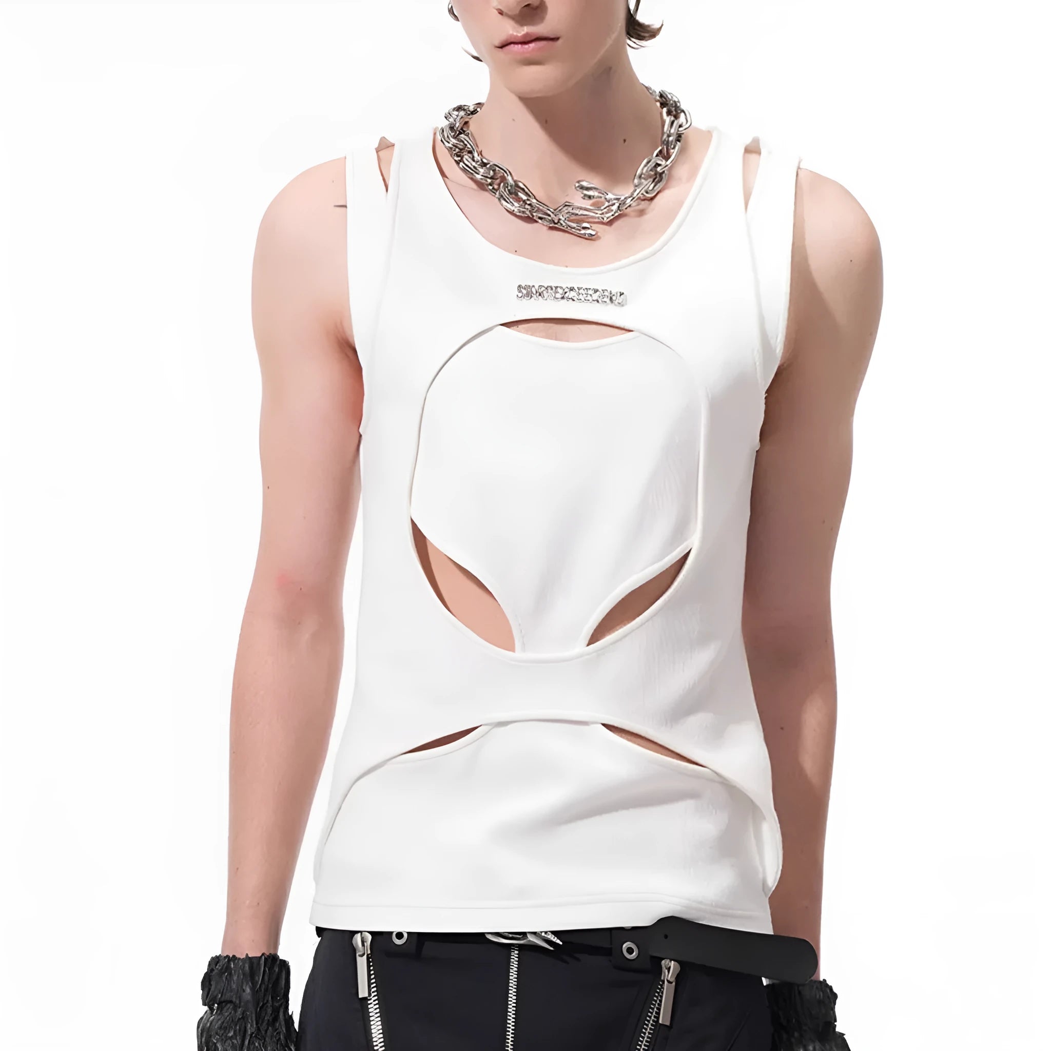 Men's sleeveless mesh waistcoat in black colour with round neck pullover design