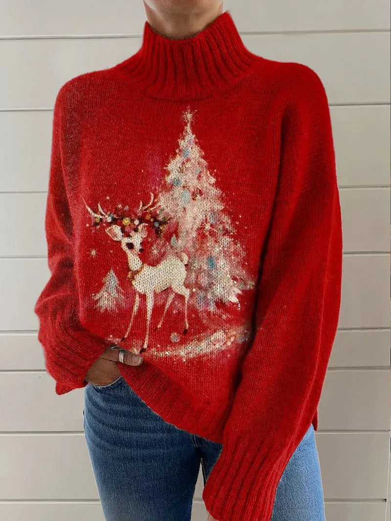 Women's loose fit Christmas printed turtleneck sweater in macaron colours with painting pattern design