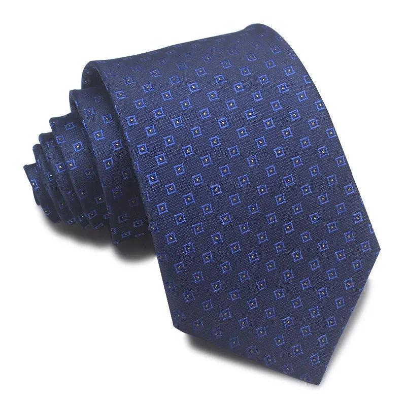 Man's red, black, and blue striped jacquard business tie with an 8cm width.