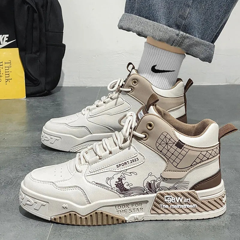 Men's beige, white, and blue high-top casual sneakers with lace-up front and rubber sole.