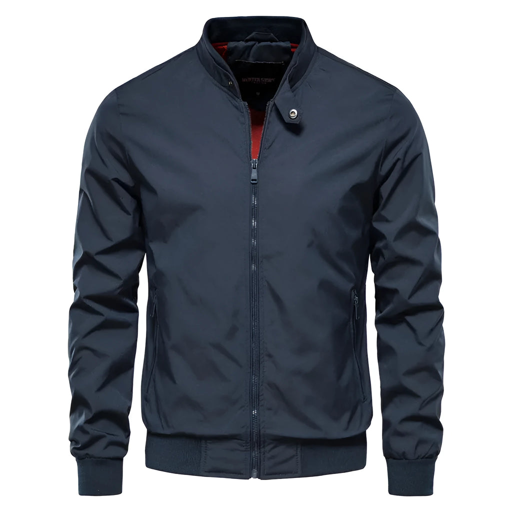 Men's solid colour casual thin jacket in polyester, shown in army green, hanging on a hanger.