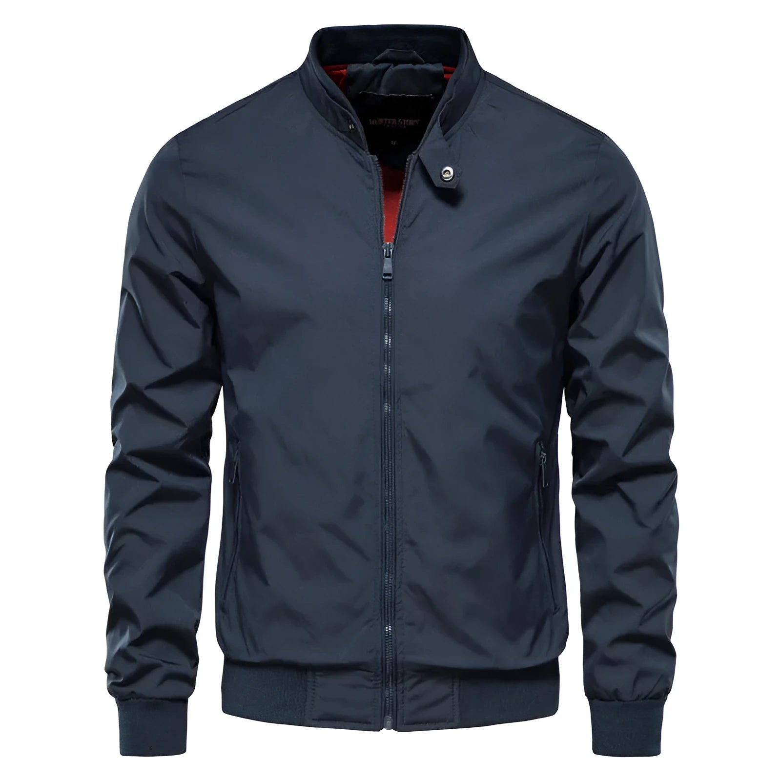 Men's solid colour casual thin jacket in polyester, shown in army green, hanging on a hanger.