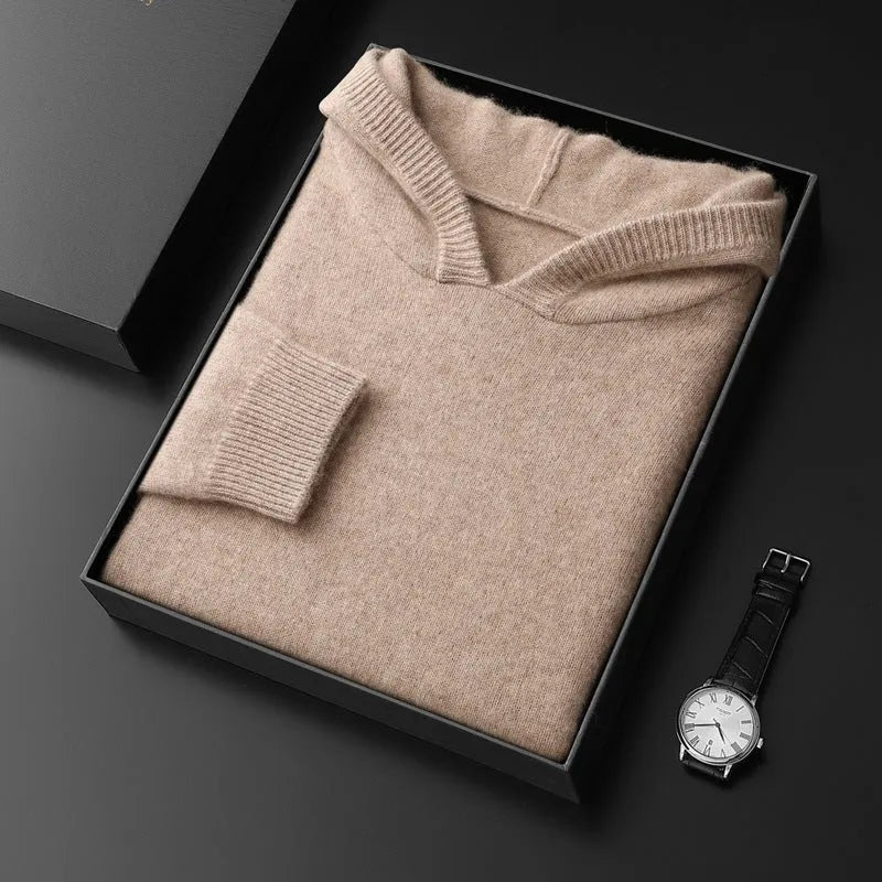 Men's cashmere hooded thickened sweater in solid colour, loose fit, long sleeves, front view