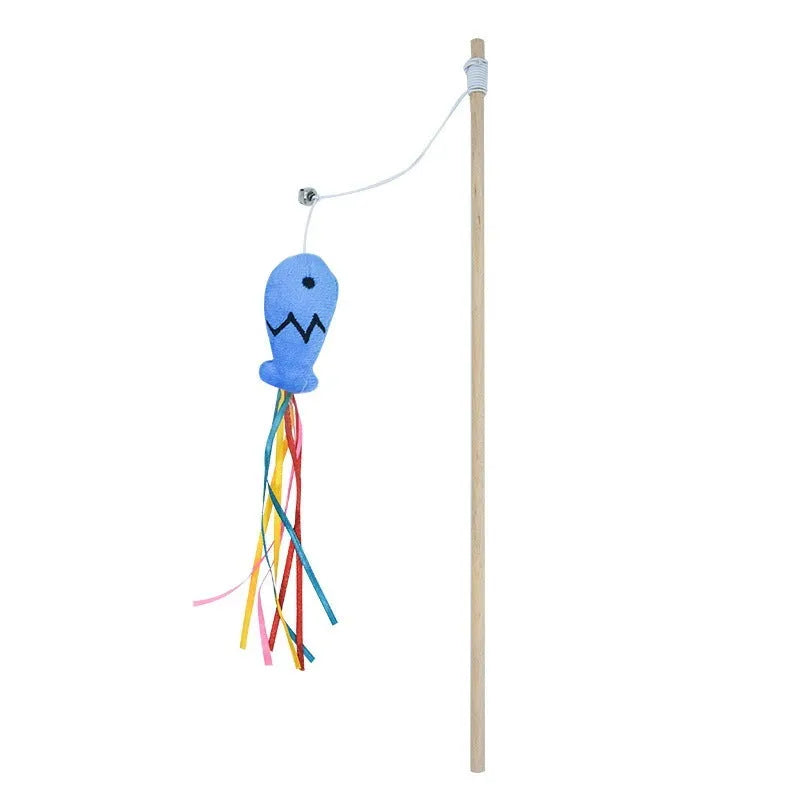 Wooden handle cat wand toy with catnip fish, ribbons and bell attachment in blue colour