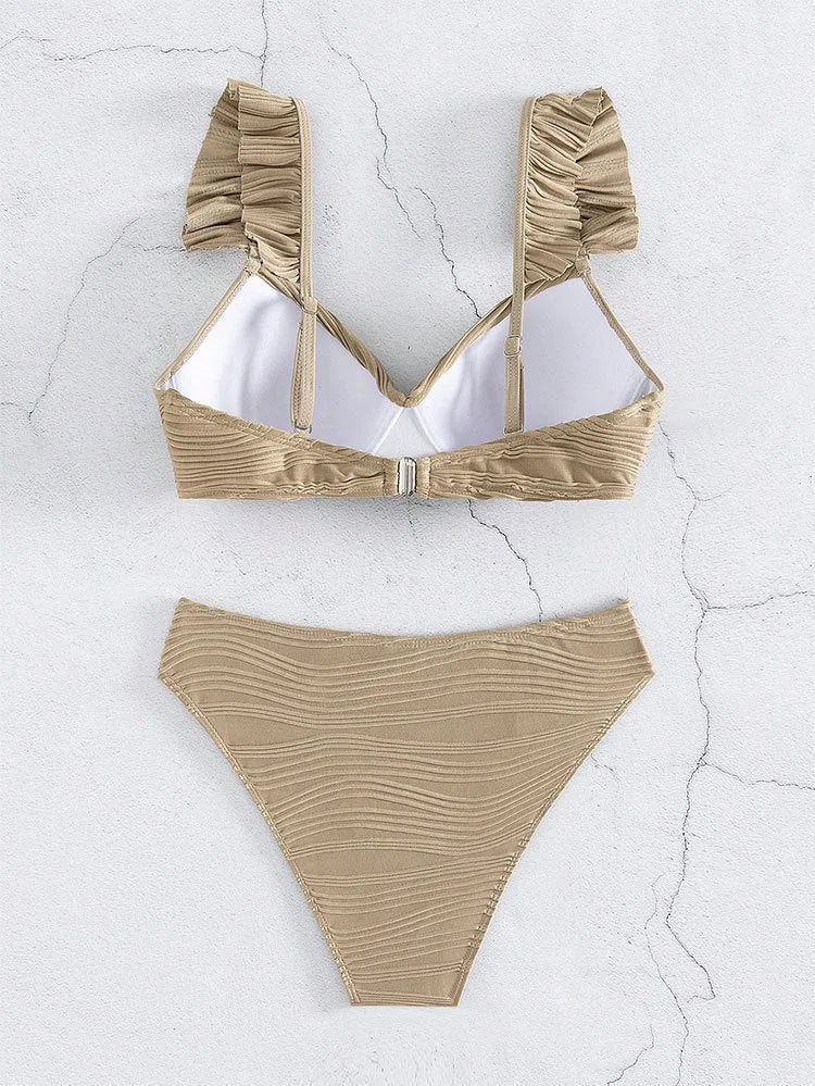 Women's solid colour bikini swimsuit set in black or khaki on a mannequin.