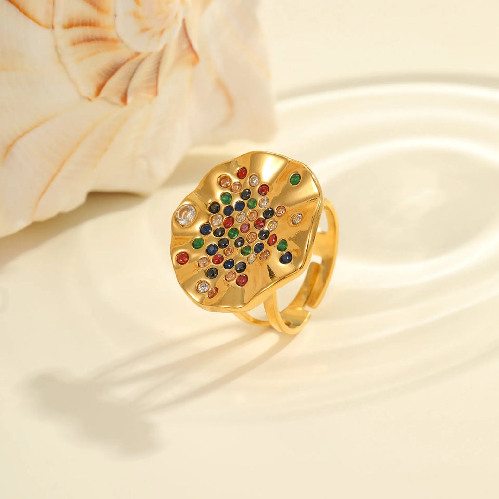 Geometric adjustable titanium steel ring with crystal inlay and open mouth design