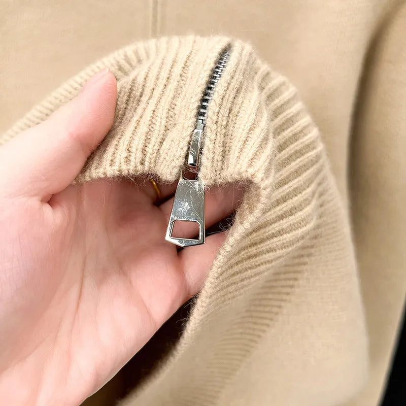 Men's grey knitted cardigan with stand collar and full-length front zipper in loose fit