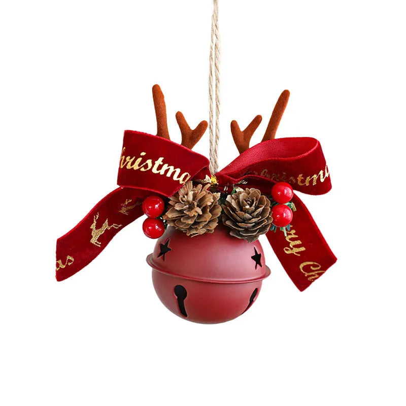 Wrought iron mixed pendant with antlers, bowknot, pine cone, and bell in golden finish