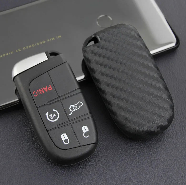 Carbon fibre patterned silicone protection case for Dodge Chrysler Fiat car remote keys with buckle attachment option