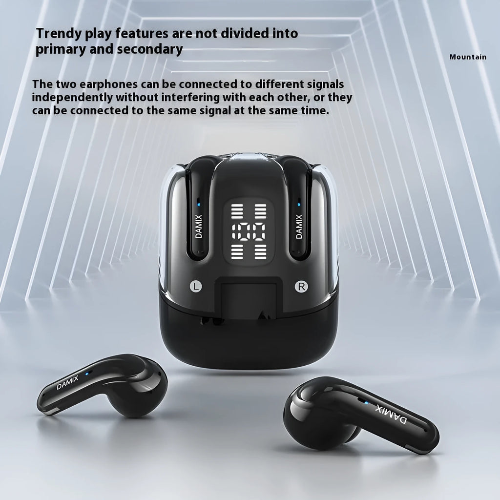 DX16 Couple Bluetooth Headset in black and white in-ear design with digital display screen