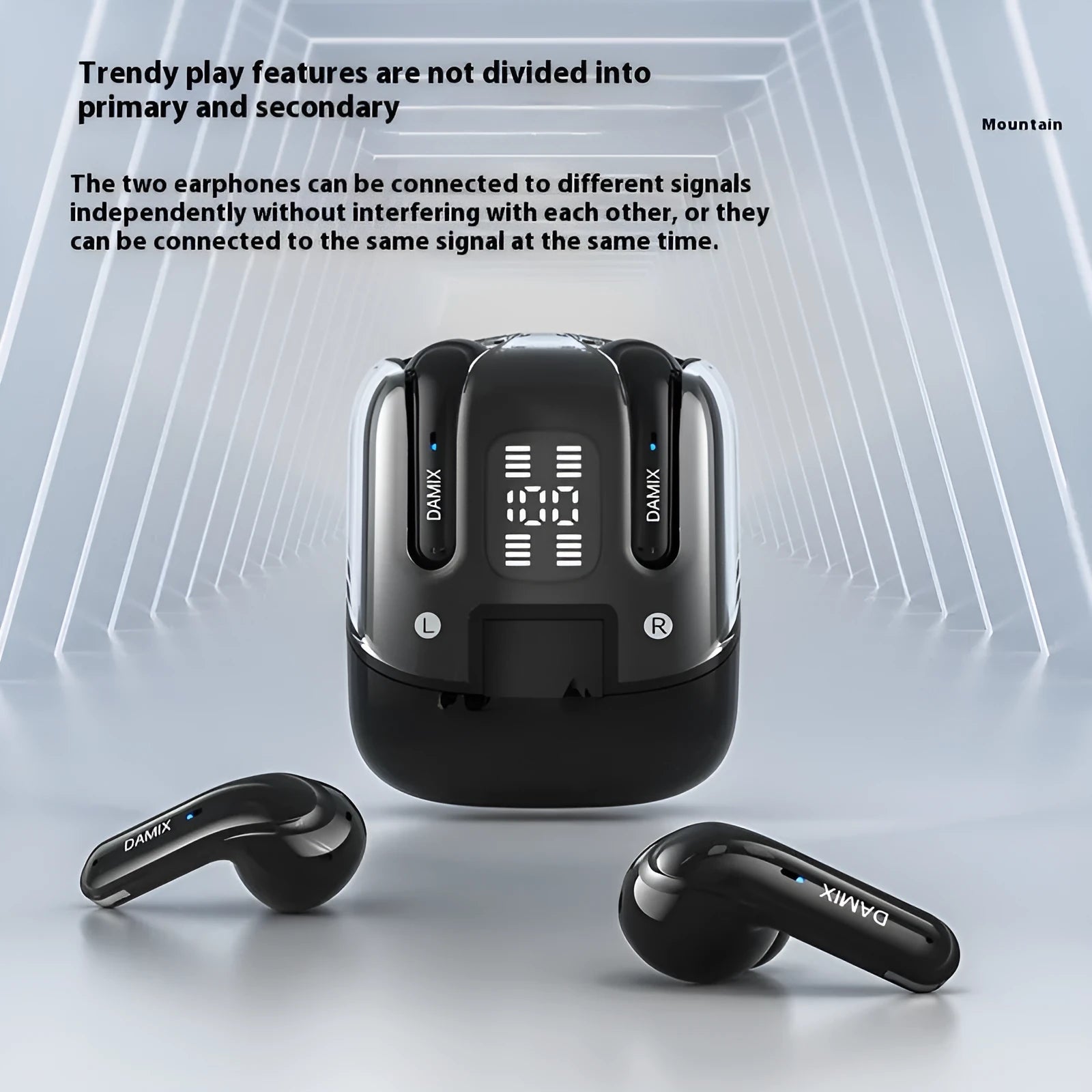 DX16 Couple Bluetooth Headset in black and white in-ear design with digital display screen