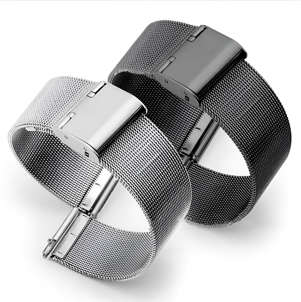 Milani silk woven stainless steel watch band replacement strap with metal clasp in silver, black, rose gold, and gold.