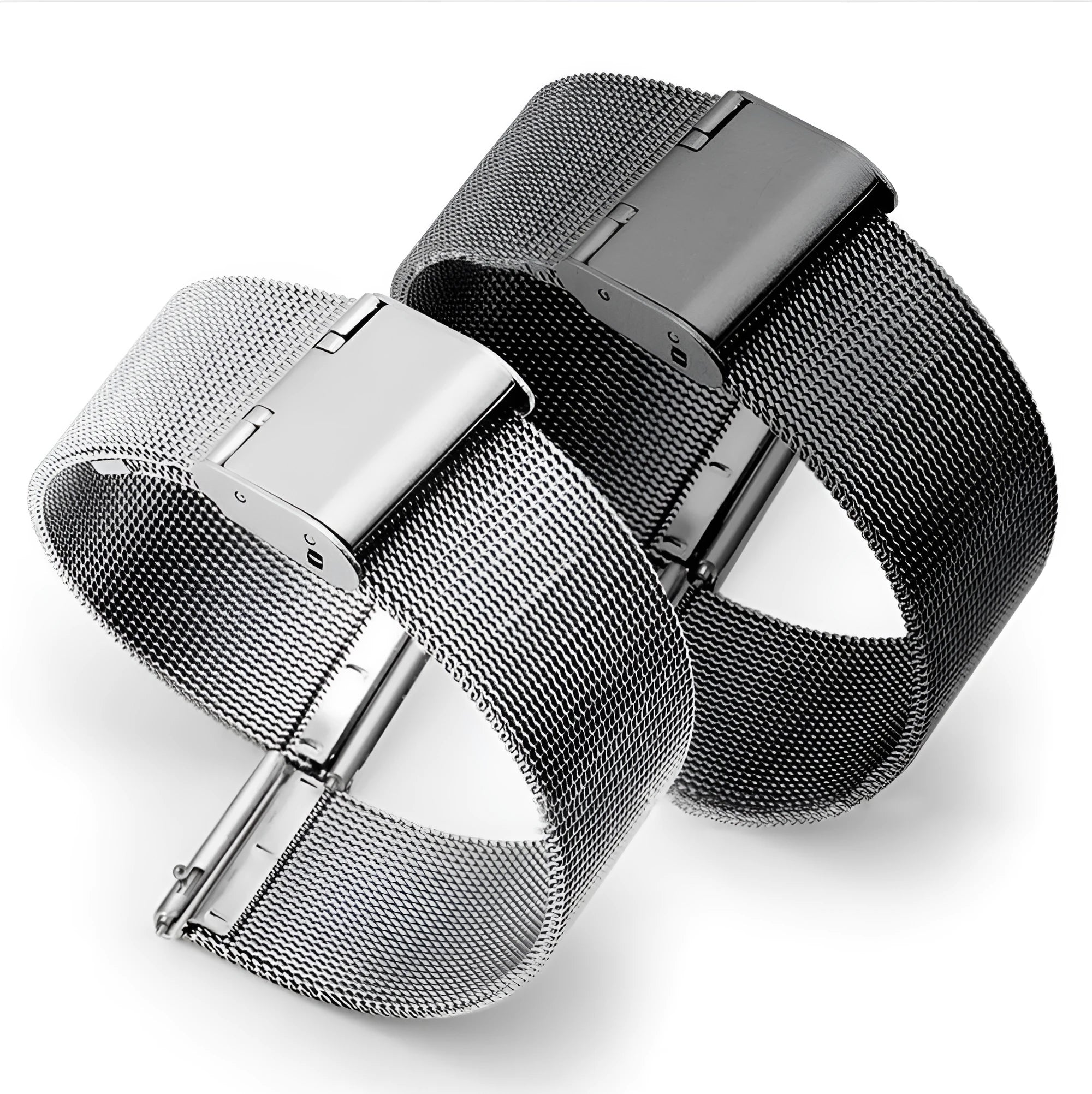 Milani silk woven stainless steel watch band replacement strap with metal clasp in silver, black, rose gold, and gold.