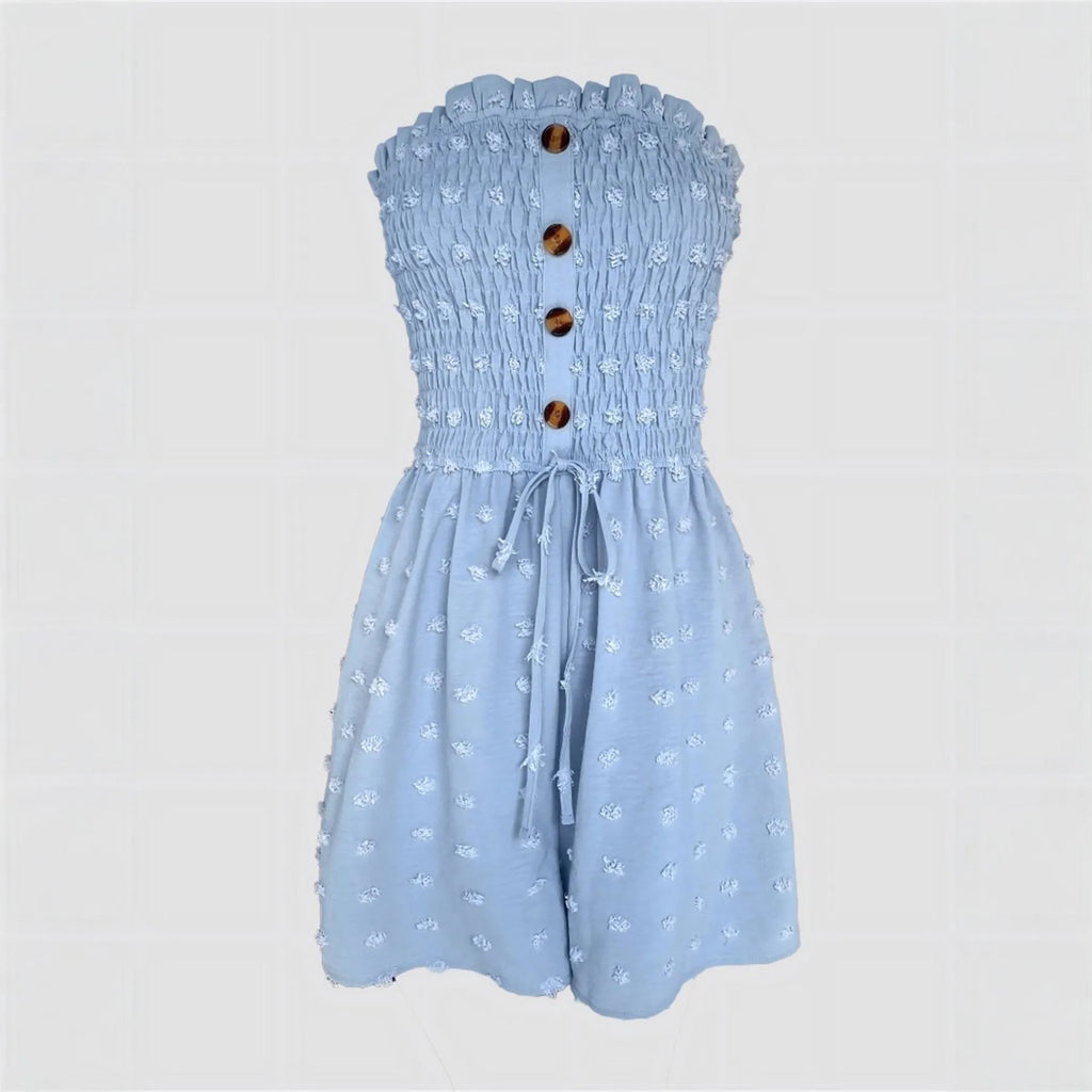 Women's blue off-shoulder jumpsuit with button detail and fifth pants length