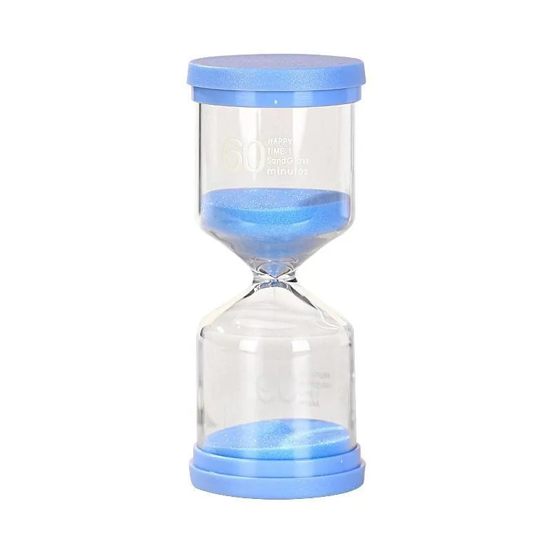 Handmade glass sand timer with blue sand, showing modern minimalist hourglass design.