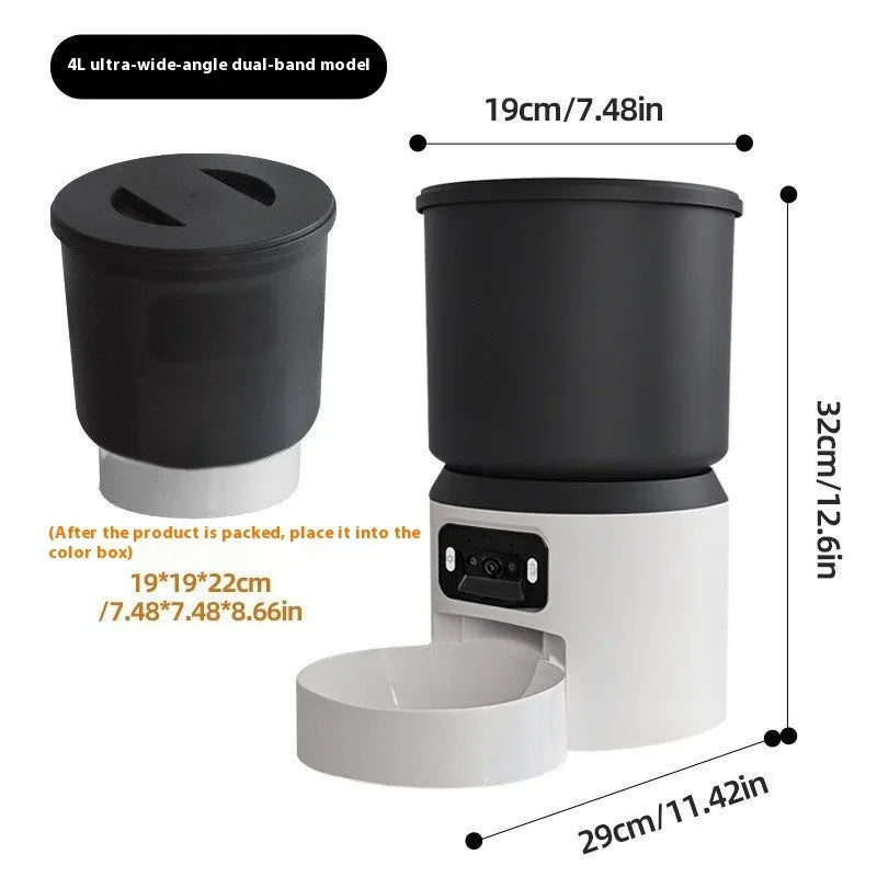 White 4-litre smart pet feeder with LCD screen, featuring a stainless steel bowl on a grey placemat.