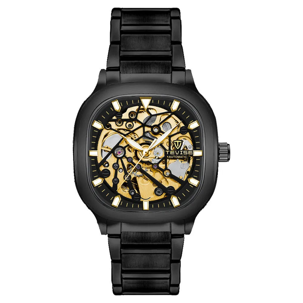 Men's waterproof automatic watch with square hollow luminous dial on stainless steel strap