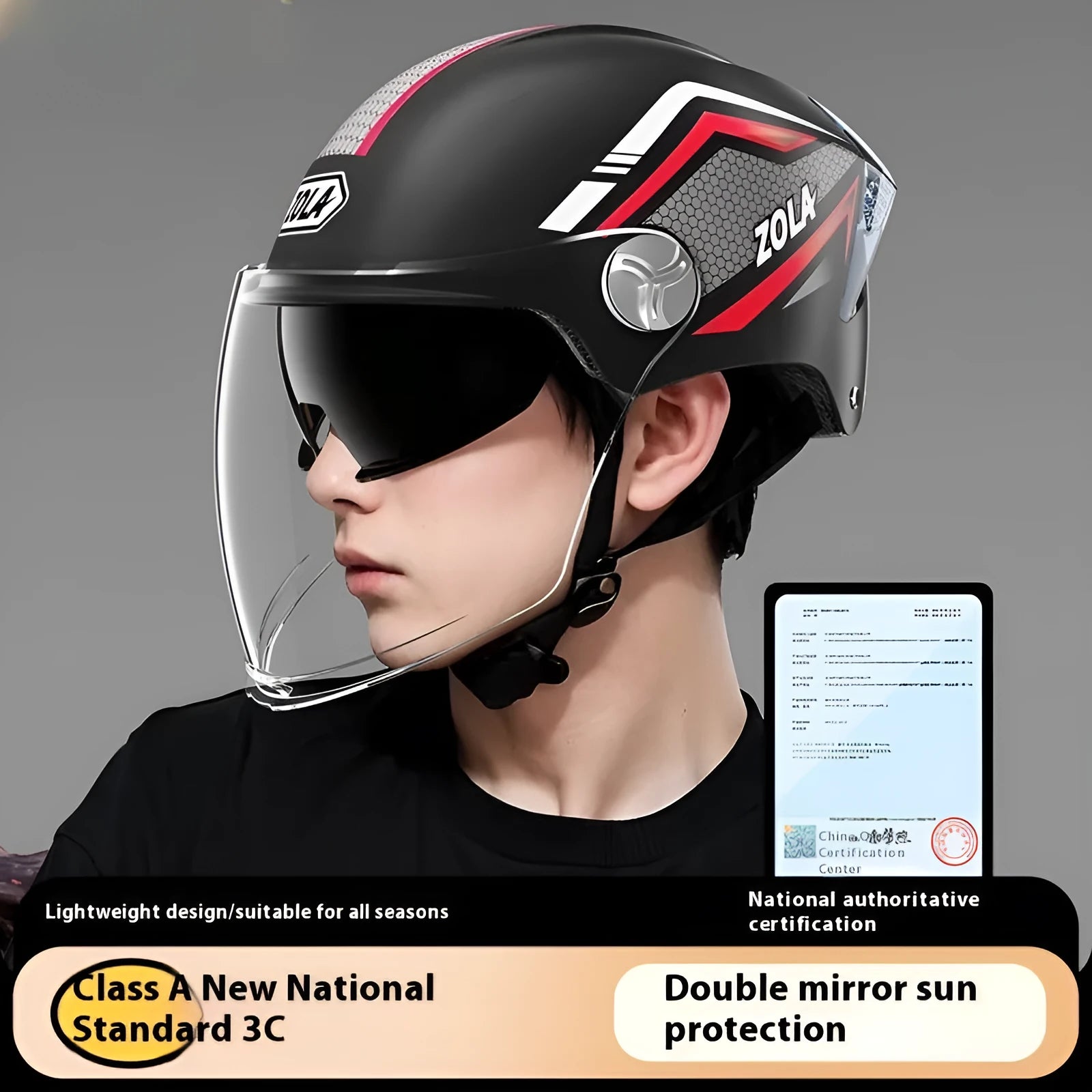 Motorcycle half helmet with double mirror visor in ABS construction, showing universal fit design