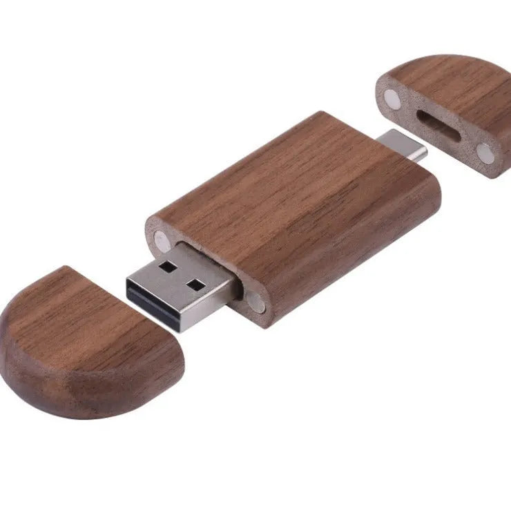 Carved wooden USB flash drive with phone ornament in various wood finishes