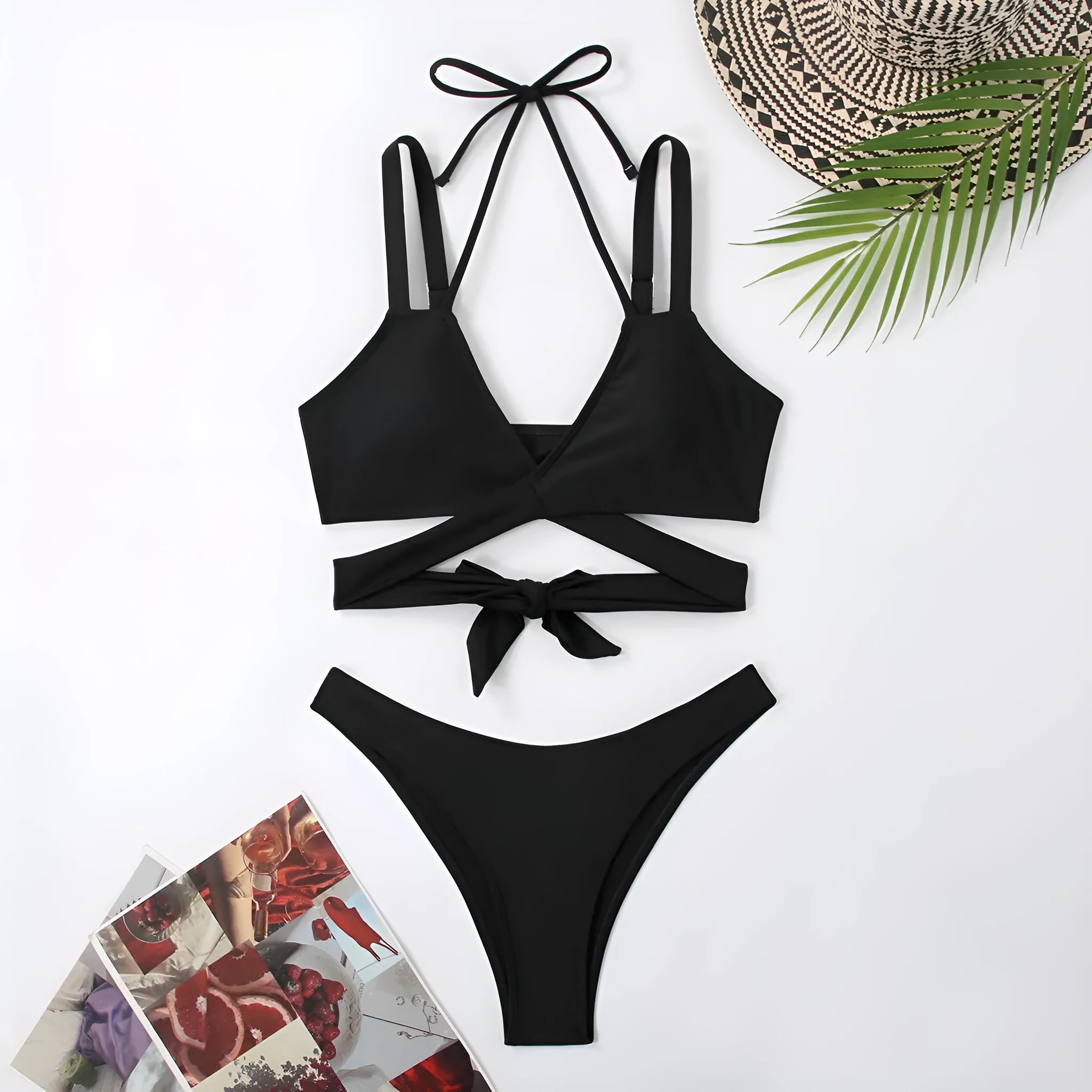 Women's solid colour bikini swimsuit with adjustable straps on triangle top in black, blue, red, rose red, or white