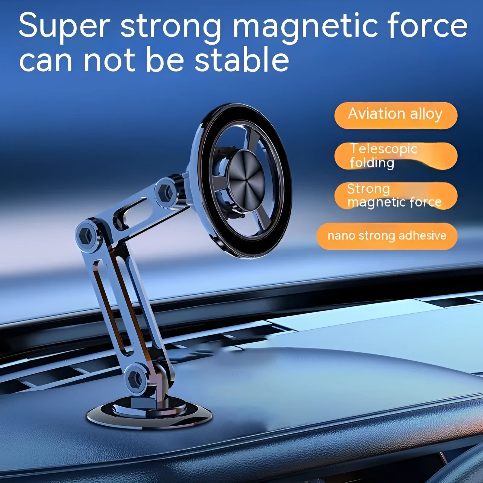 All-metal magnetic car phone holder with adjustable clip, shown in black, silver, gold, and rose gold colours.