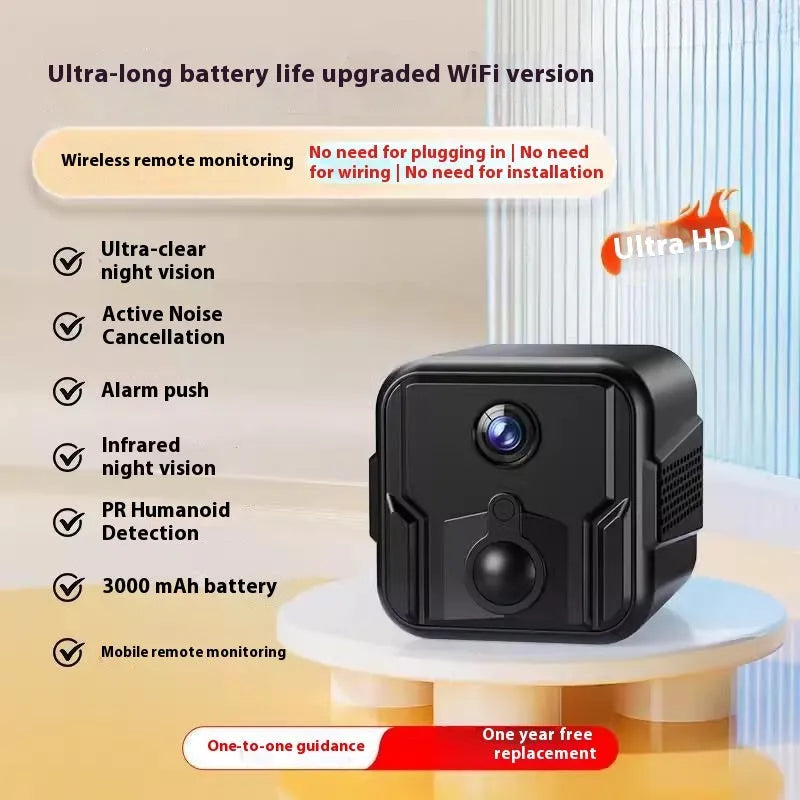 Wireless black security camera with 360-degree rotation on stand showing night vision capability