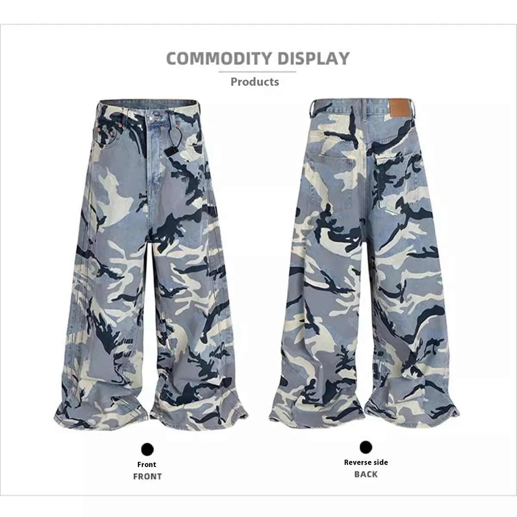 Snow camouflage blue loose-fit jeans with micro-elastic cotton denim fabric and mid-waist design