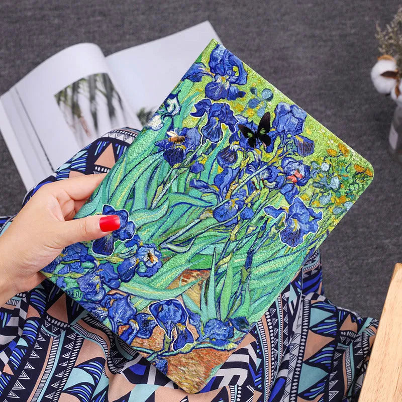 Handmade liquid silicone flip case for iPad featuring floral and oil painting designs.